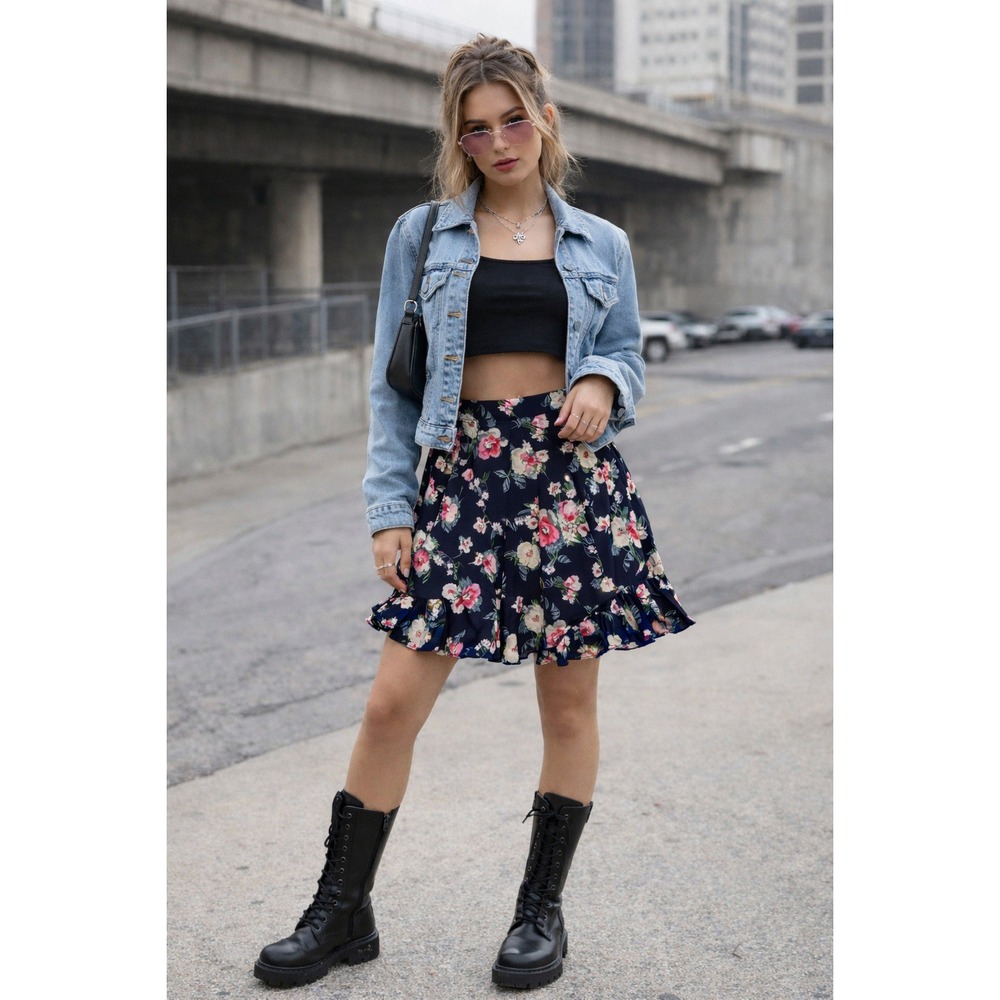 Chaps Y2K Floral Mini Skirt XL Chiffon Flare Ruffle Navy Pink 200s Fairy Goth